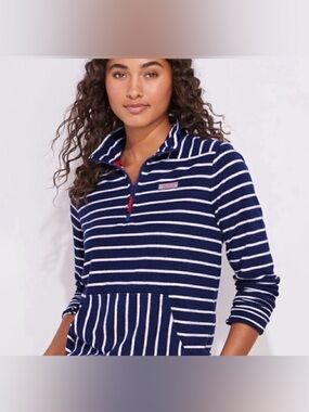NWT Vineyard Vines navy and white striped terry material Shep Shirt, medium.